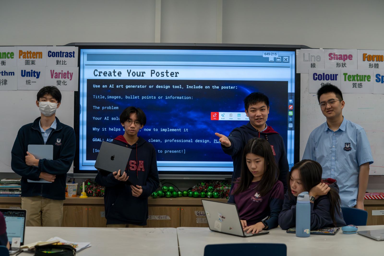 Students build posters setting out a problem, an AI solution, and how it would be implemented.