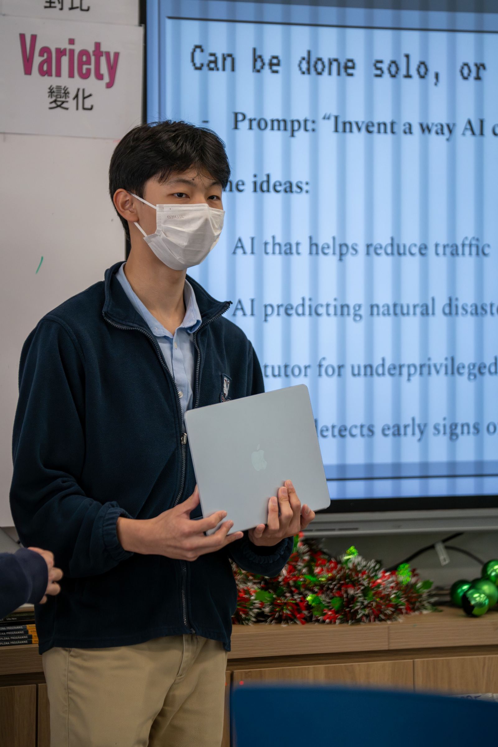 A tutor presents examples of what AI can be used for, including reducing traffic, predicting natural disasters, and tutoring underprivileged students.